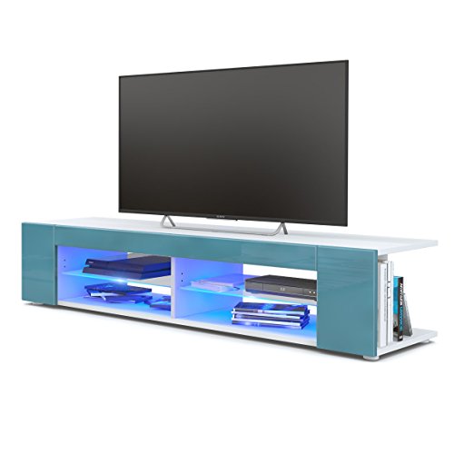Vladon, Vladon TV Unit Stand Movie, Carcass in White matt/Front in Teal High Gloss with LED lighting in Blue