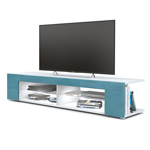 Vladon, Vladon TV Unit Stand Movie, Carcass in White matt/Front in Teal High Gloss with LED lighting in White