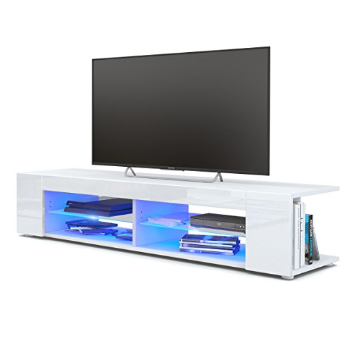 Vladon, Vladon TV Unit Stand Movie, Carcass in White matt/Front in White High Gloss with LED lighting in Blue