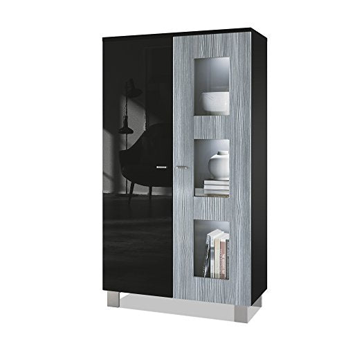Vladon, Vladon Tall Display Cabinet Cupboard Denjo, Carcass in Black matt/Front in Black High Gloss and Avola-Anthracite, with LED lights in White