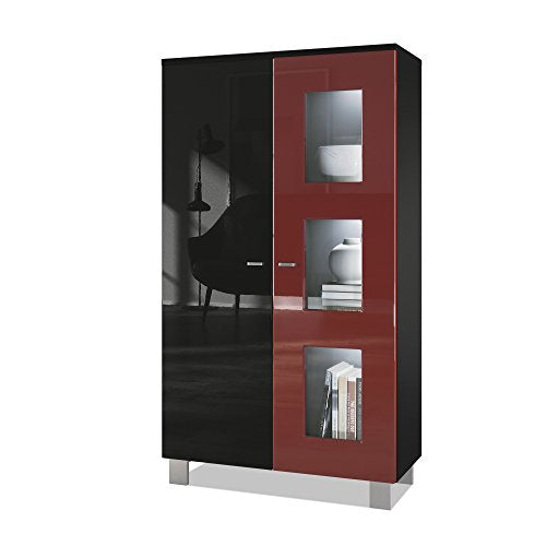Vladon, Vladon Tall Display Cabinet Cupboard Denjo, Carcass in Black matt/Front in Black High Gloss and Bordeaux High Gloss, with LED lights in White