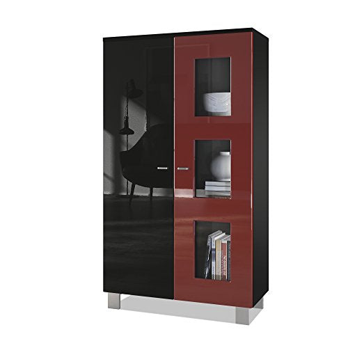 Vladon, Vladon Tall Display Cabinet Cupboard Denjo, Carcass in Black matt/Front in Black High Gloss and Bordeaux High Gloss