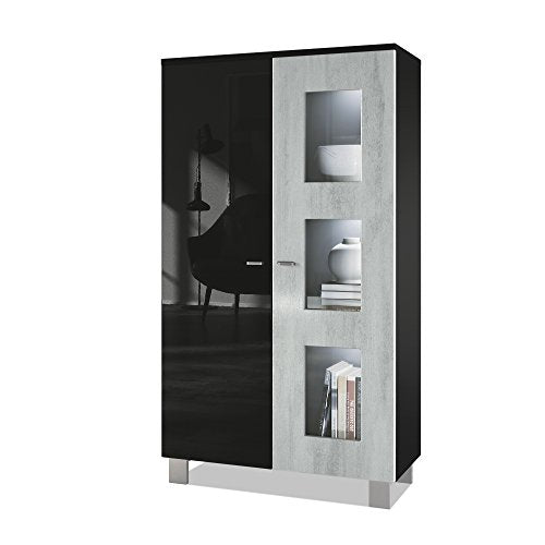 Vladon, Vladon Tall Display Cabinet Cupboard Denjo, Carcass in Black matt/Front in Black High Gloss and Concrete Grey Oxid, with LED lights in White