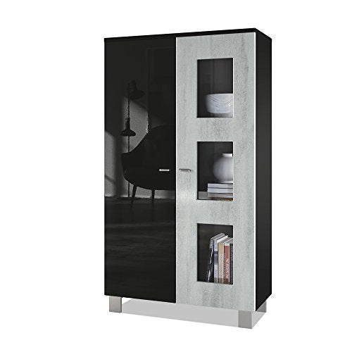 Vladon, Vladon Tall Display Cabinet Cupboard Denjo, Carcass in Black matt/Front in Black High Gloss and Concrete Grey Oxid