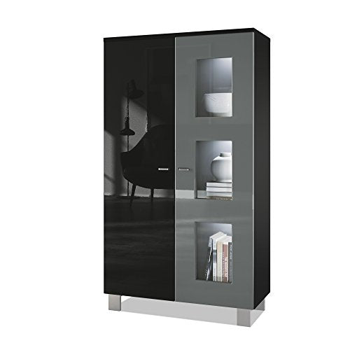 Vladon, Vladon Tall Display Cabinet Cupboard Denjo, Carcass in Black matt/Front in Black High Gloss and Grey High Gloss, with LED lights in White