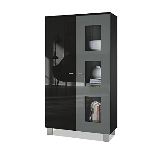 Vladon, Vladon Tall Display Cabinet Cupboard Denjo, Carcass in Black matt/Front in Black High Gloss and Grey High Gloss