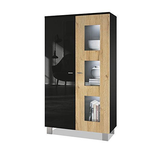Vladon, Vladon Tall Display Cabinet Cupboard Denjo, Carcass in Black matt/Front in Black High Gloss and Oak Nature, with LED lights in White