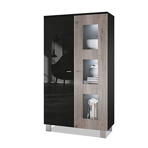 Vladon, Vladon Tall Display Cabinet Cupboard Denjo, Carcass in Black matt/Front in Black High Gloss and Oak Nordic, with LED lights in White
