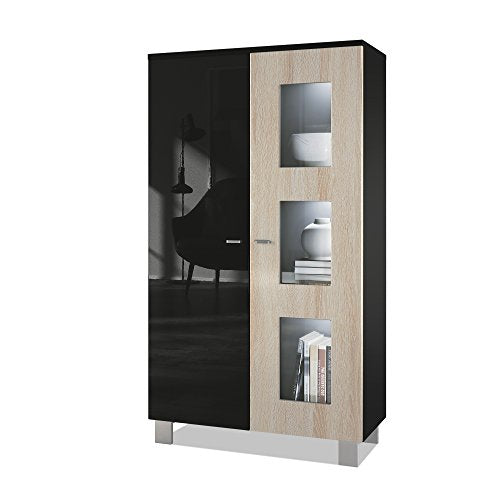 Vladon, Vladon Tall Display Cabinet Cupboard Denjo, Carcass in Black matt/Front in Black High Gloss and Rough-sawn Oak, with LED lights in White