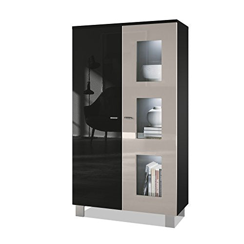 Vladon, Vladon Tall Display Cabinet Cupboard Denjo, Carcass in Black matt/Front in Black High Gloss and Sand grey High Gloss, with LED lights in White