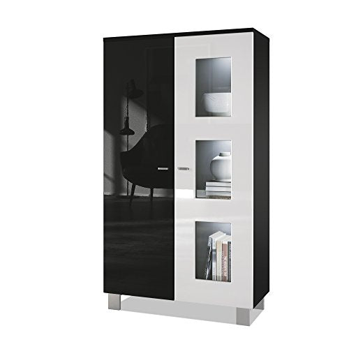 Vladon, Vladon Tall Display Cabinet Cupboard Denjo, Carcass in Black matt/Front in Black High Gloss and White High Gloss, with LED lights in White