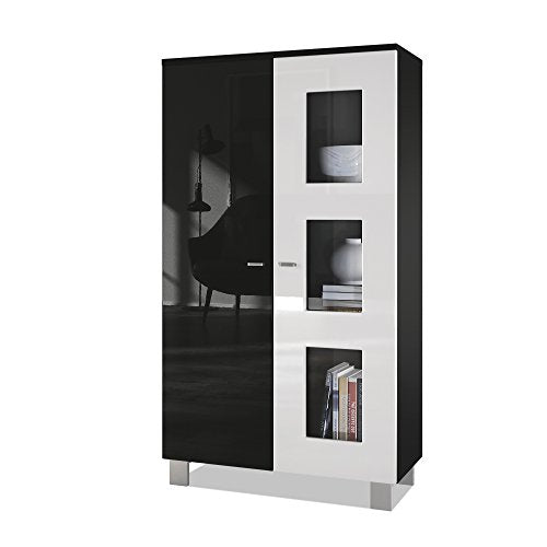 Vladon, Vladon Tall Display Cabinet Cupboard Denjo, Carcass in Black matt/Front in Black High Gloss and White High Gloss
