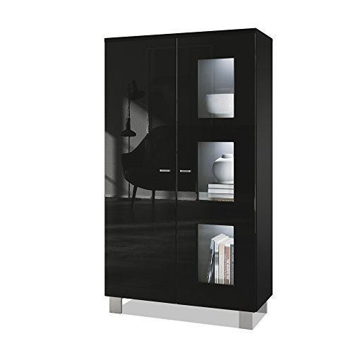 Vladon, Vladon Tall Display Cabinet Cupboard Denjo, Carcass in Black matt/Front in Black High Gloss, with LED lights in White