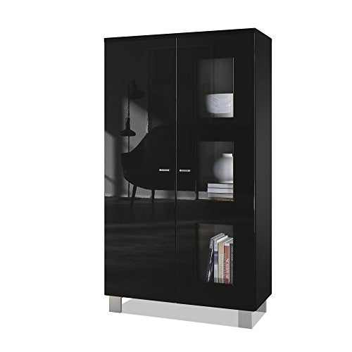 Vladon, Vladon Tall Display Cabinet Cupboard Denjo, Carcass in Black matt/Front in Black High Gloss