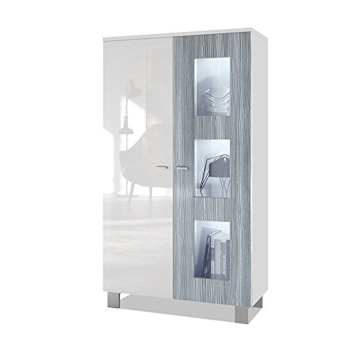 Vladon, Vladon Tall Display Cabinet Cupboard Denjo, Carcass in White matt/Front in White High Gloss and Avola-Anthracite, with LED lights in White
