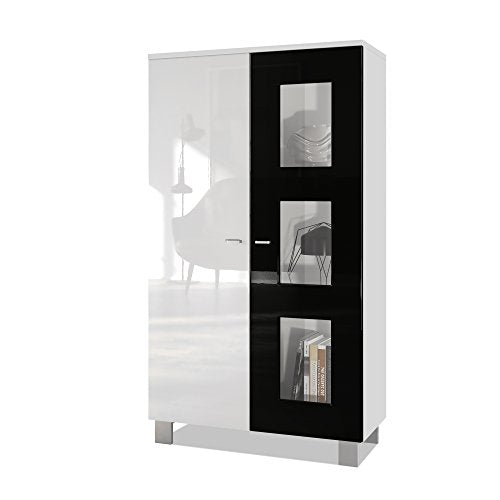 Vladon, Vladon Tall Display Cabinet Cupboard Denjo, Carcass in White matt/Front in White High Gloss and Black High Gloss