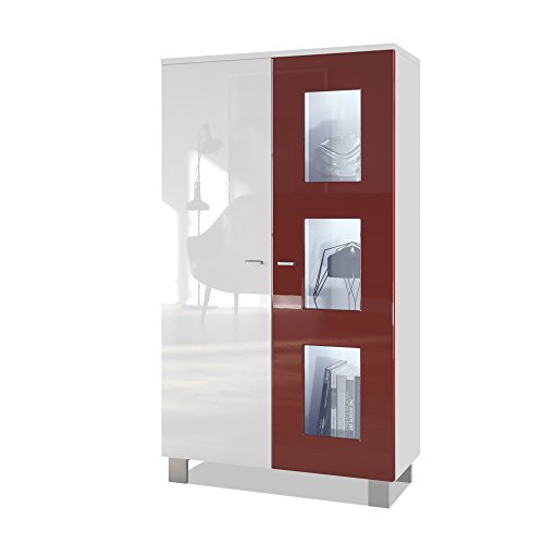 Vladon, Vladon Tall Display Cabinet Cupboard Denjo, Carcass in White matt/Front in White High Gloss and Bordeaux High Gloss, with LED lights in White