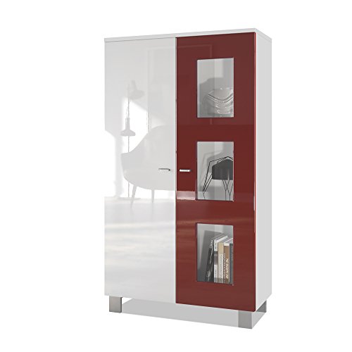 Vladon, Vladon Tall Display Cabinet Cupboard Denjo, Carcass in White matt/Front in White High Gloss and Bordeaux High Gloss