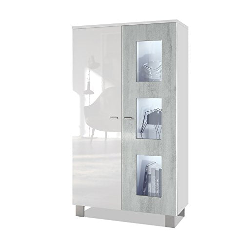 Vladon, Vladon Tall Display Cabinet Cupboard Denjo, Carcass in White matt/Front in White High Gloss and Concrete Grey Oxid, with LED lights in White