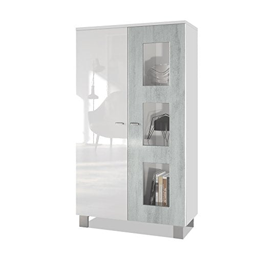 Vladon, Vladon Tall Display Cabinet Cupboard Denjo, Carcass in White matt/Front in White High Gloss and Concrete Grey Oxid