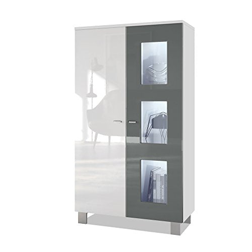 Vladon, Vladon Tall Display Cabinet Cupboard Denjo, Carcass in White matt/Front in White High Gloss and Grey High Gloss, with LED lights in White