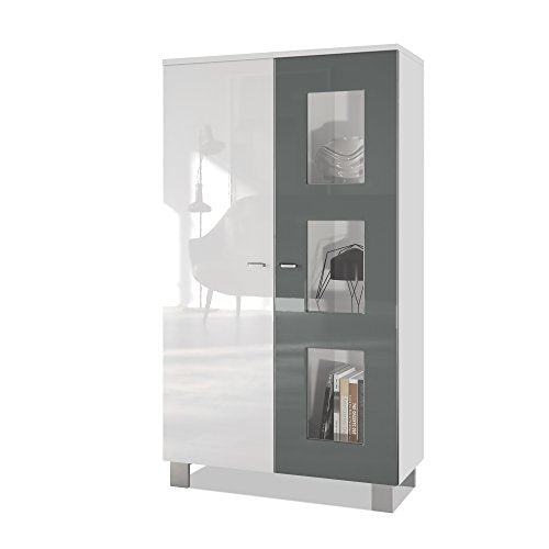 Vladon, Vladon Tall Display Cabinet Cupboard Denjo, Carcass in White matt/Front in White High Gloss and Grey High Gloss