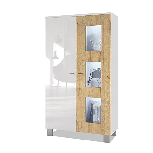 Vladon, Vladon Tall Display Cabinet Cupboard Denjo, Carcass in White matt/Front in White High Gloss and Oak Nature, with LED lights in White