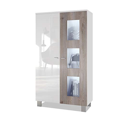 Vladon, Vladon Tall Display Cabinet Cupboard Denjo, Carcass in White matt/Front in White High Gloss and Oak Nordic, with LED lights in White