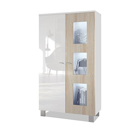 Vladon, Vladon Tall Display Cabinet Cupboard Denjo, Carcass in White matt/Front in White High Gloss and Rough-sawn Oak, with LED lights in White