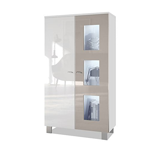 Vladon, Vladon Tall Display Cabinet Cupboard Denjo, Carcass in White matt/Front in White High Gloss and Sand grey High Gloss, with LED
