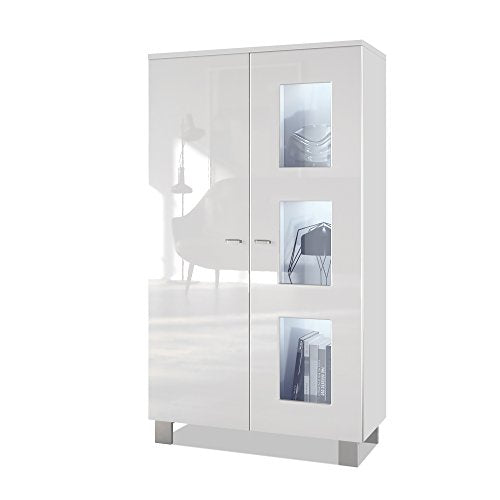 Vladon, Vladon Tall Display Cabinet Cupboard Denjo, Carcass in White matt/Front in White High Gloss, with LED lights in White