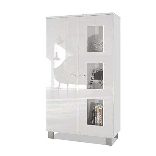Vladon, Vladon Tall Display Cabinet Cupboard Denjo, Carcass in White matt/Front in White High Gloss