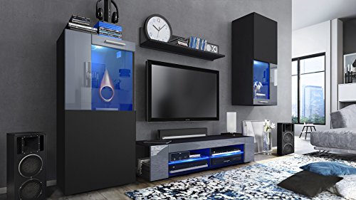 Vladon, Vladon Wall Unit TV Stand Cabinet Movie, Carcass in Black matt/Front in Black matt with Offsets in Grey High Gloss with LED lights in Blue