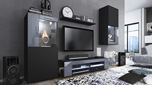 Vladon, Vladon Wall Unit TV Stand Cabinet Movie, Carcass in Black matt/Front in Black matt with Offsets in Grey High Gloss with LED lights in White