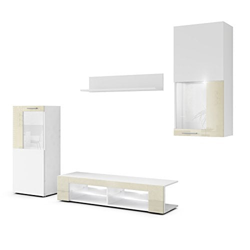Vladon, Vladon Wall Unit TV Stand Cabinet Movie, Carcass in White matt/Front in White matt with Offsets in Cream High Gloss with LED lights in White