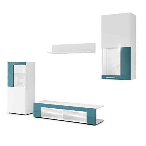 Vladon, Vladon Wall Unit TV Stand Cabinet Movie, Carcass in White matt/Front in White matt with Offsets in Teal High Gloss with LED lights in White