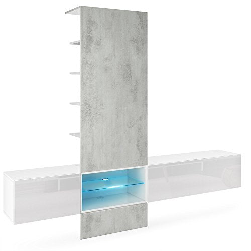 Vladon, Vladon Wall Unit TV Stand Manhattan V2, Carcass in White matt/Front in White High Gloss, Panel in Concrete Grey Oxid with LED lighting