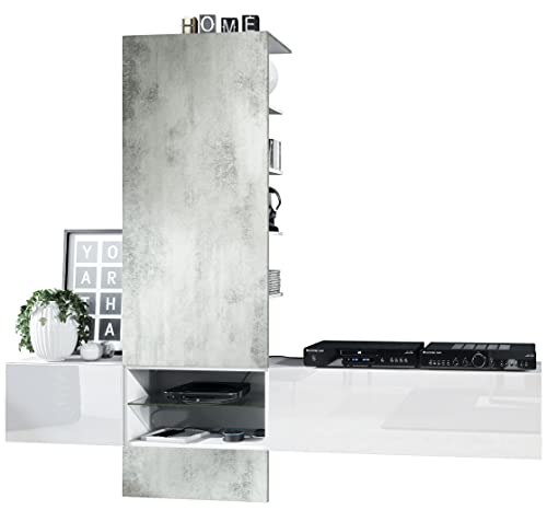 Vladon, Vladon Wall Unit TV Stand Manhattan V2, Carcass in White matt/Front in White High Gloss, Panel in Concrete Grey Oxid