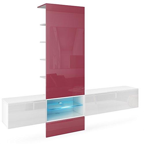 Vladon, Vladon Wall Unit TV Stand Manhattan V2, Carcass in White matt/Front in White High Gloss, Panel in Fuchsia High Gloss with LED lighting