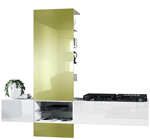 Vladon, Vladon Wall Unit TV Stand Manhattan V2, Carcass in White matt/Front in White High Gloss, Panel in Lime High Gloss