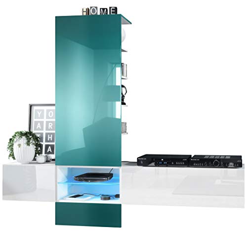 Vladon, Vladon Wall Unit TV Stand Manhattan V2, Carcass in White matt/Front in White High Gloss, Panel in Teal High Gloss with LED lighting