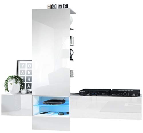Vladon, Vladon Wall Unit TV Stand Manhattan V2, Carcass in White matt/Front in White High Gloss, Panel in White High Gloss with LED lighting