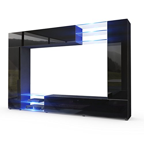 Vladon, Vladon Wall Unit TV Stand Mirage, Carcass in Black matt/Front in Black High Gloss with LED lighting