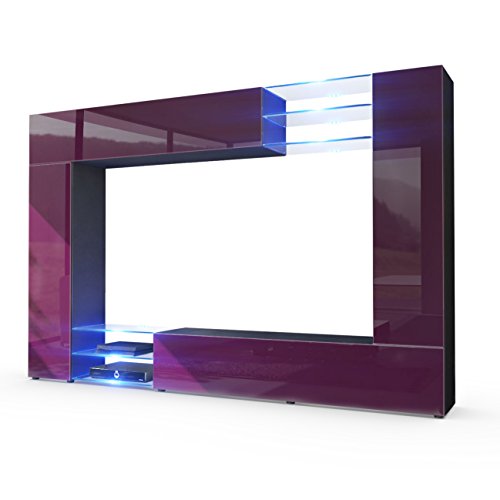 Vladon, Vladon Wall Unit TV Stand Mirage, Carcass in Black matt/Front in Raspberry High Gloss with LED lighting