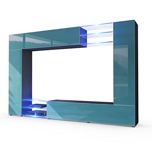 Vladon, Vladon Wall Unit TV Stand Mirage, Carcass in Black matt/Front in Teal High Gloss with LED lighting
