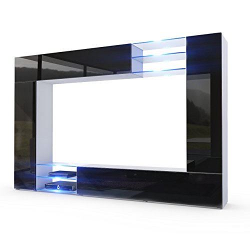 Vladon, Vladon Wall Unit TV Stand Mirage, Carcass in White matt/Front in Black High Gloss with LED lighting