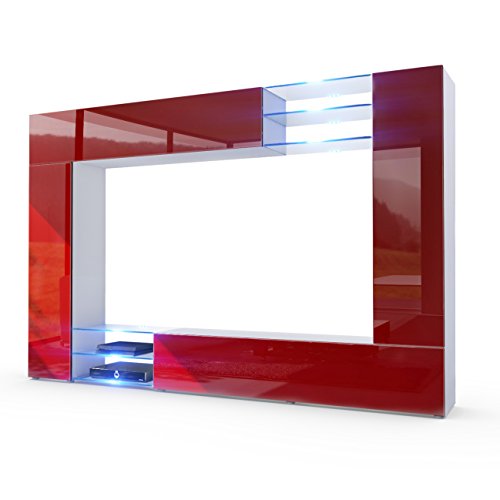 Vladon, Vladon Wall Unit TV Stand Mirage, Carcass in White matt/Front in Bordeaux High Gloss with LED lighting