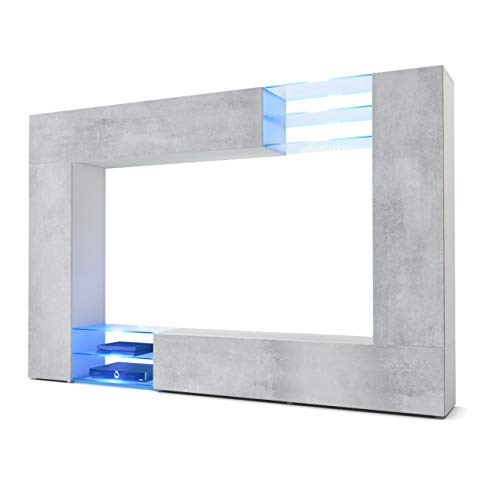 Vladon, Vladon Wall Unit TV Stand Mirage, Carcass in White matt/Front in Concrete Grey Oxide with LED lighting