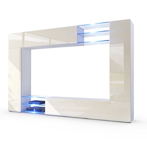 Vladon, Vladon Wall Unit TV Stand Mirage, Carcass in White matt/Front in Cream High Gloss with LED lighting