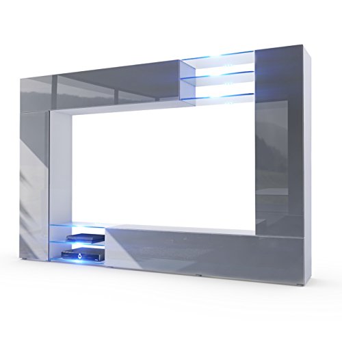Vladon, Vladon Wall Unit TV Stand Mirage, Carcass in White matt/Front in Grey High Gloss with LED lighting